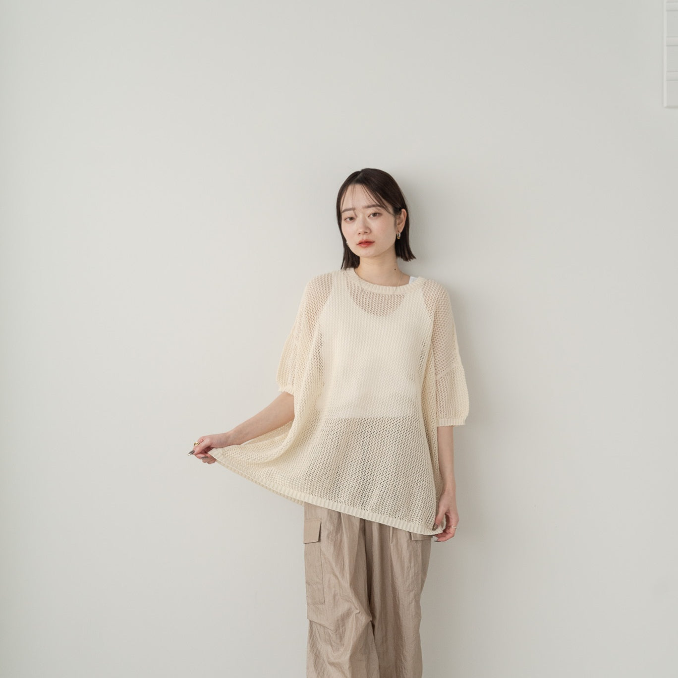 SHION yarn and combed cotton mesh knitted top
