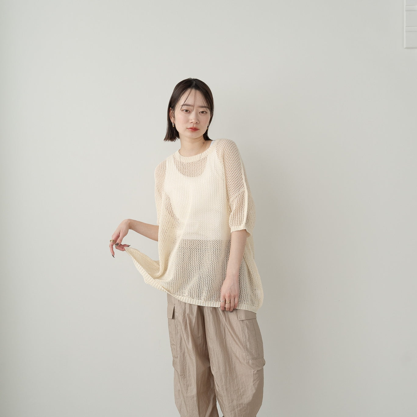 SHION yarn and combed cotton mesh knitted top