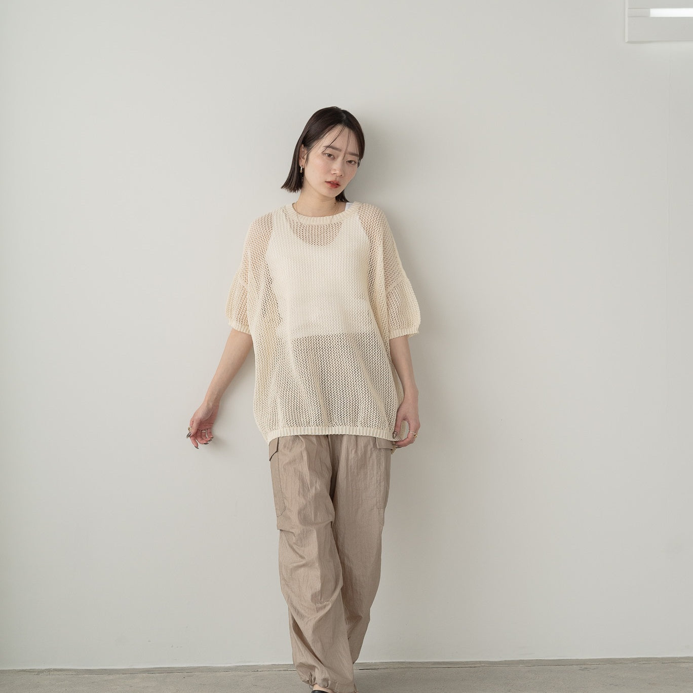 SHION yarn and combed cotton mesh knitted top