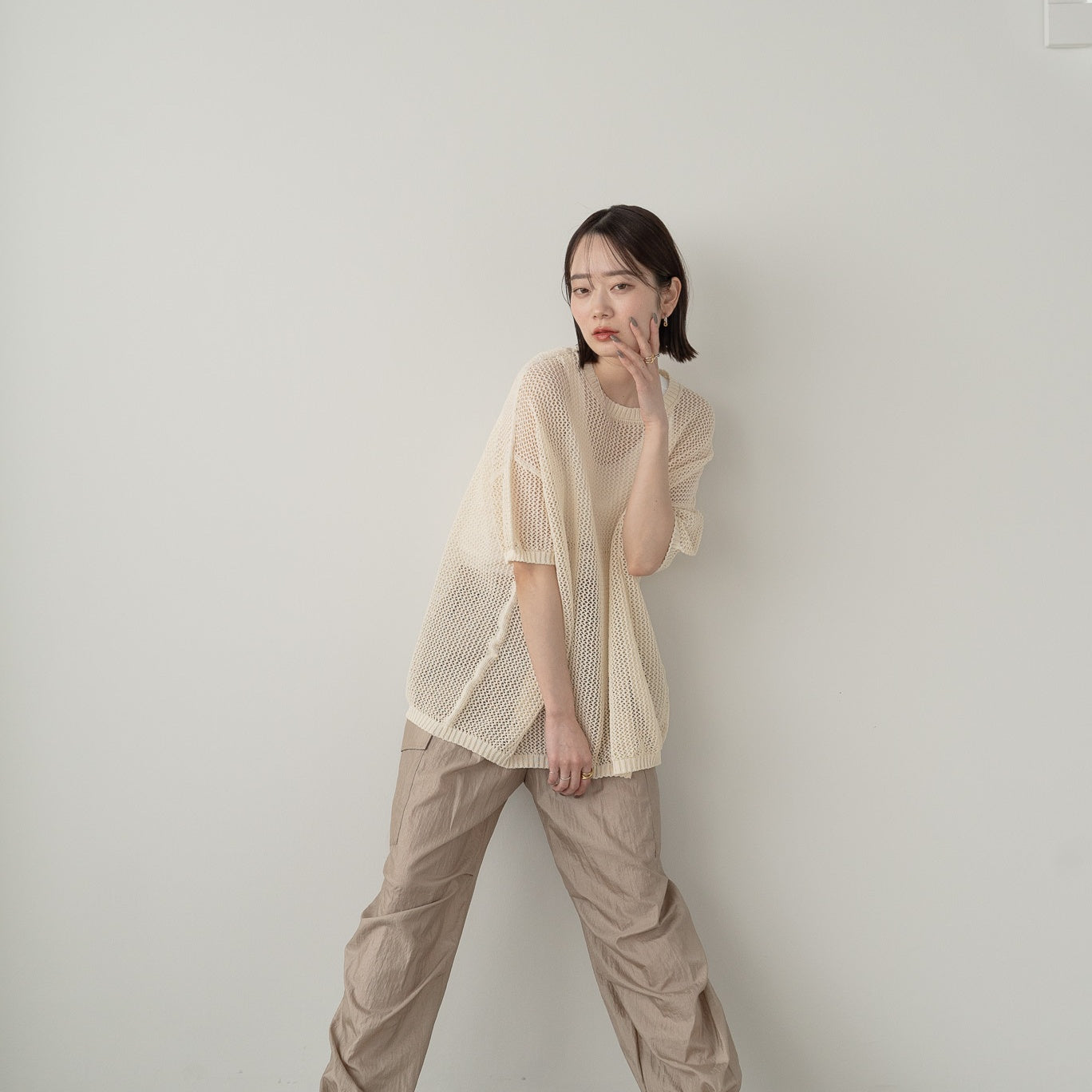 SHION yarn and combed cotton mesh knitted top
