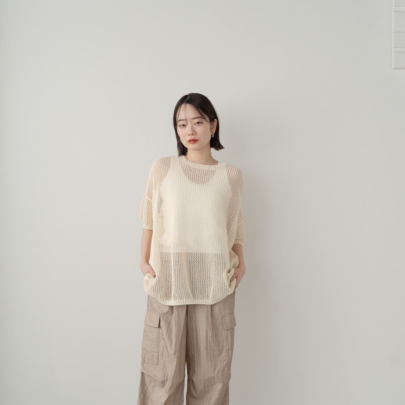 SHION yarn and combed cotton mesh knitted top