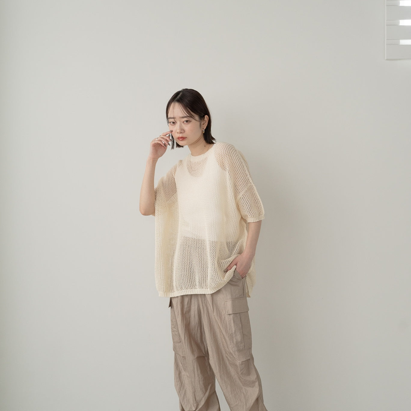 SHION yarn and combed cotton mesh knitted top