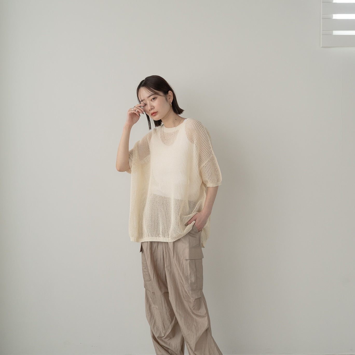 SHION yarn and combed cotton mesh knitted top
