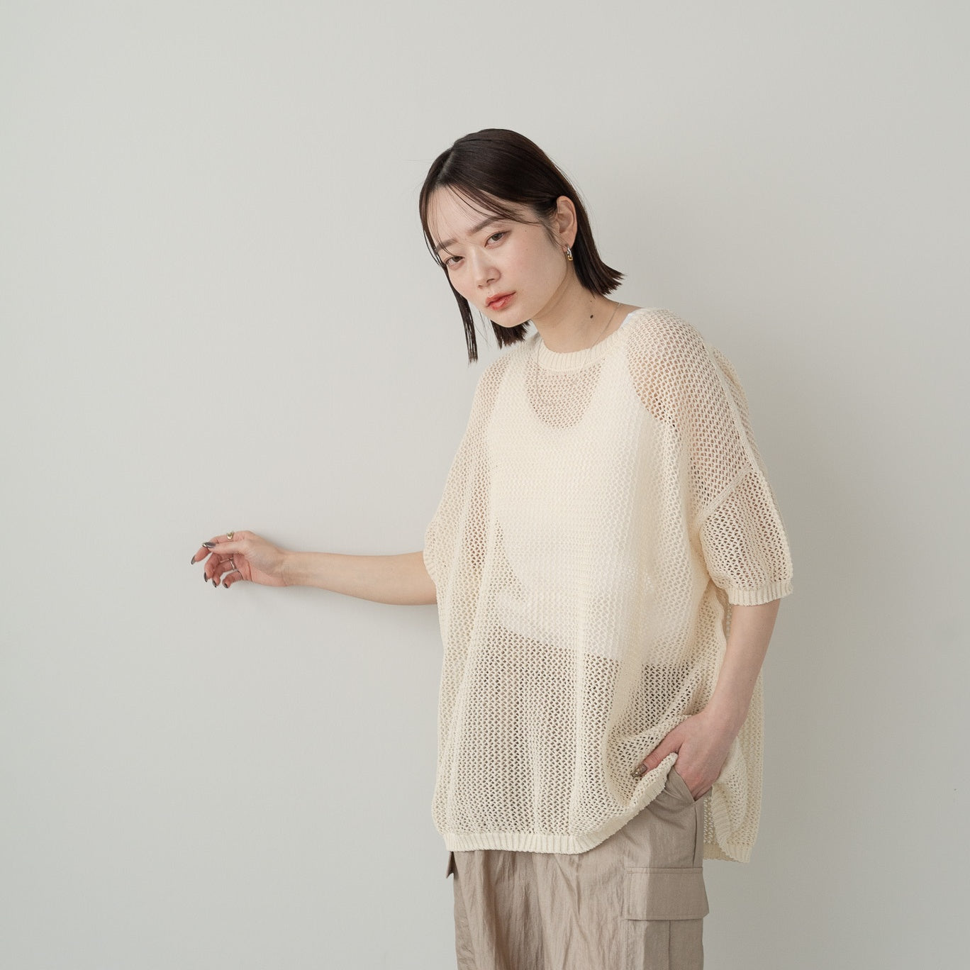 SHION yarn and combed cotton mesh knitted top