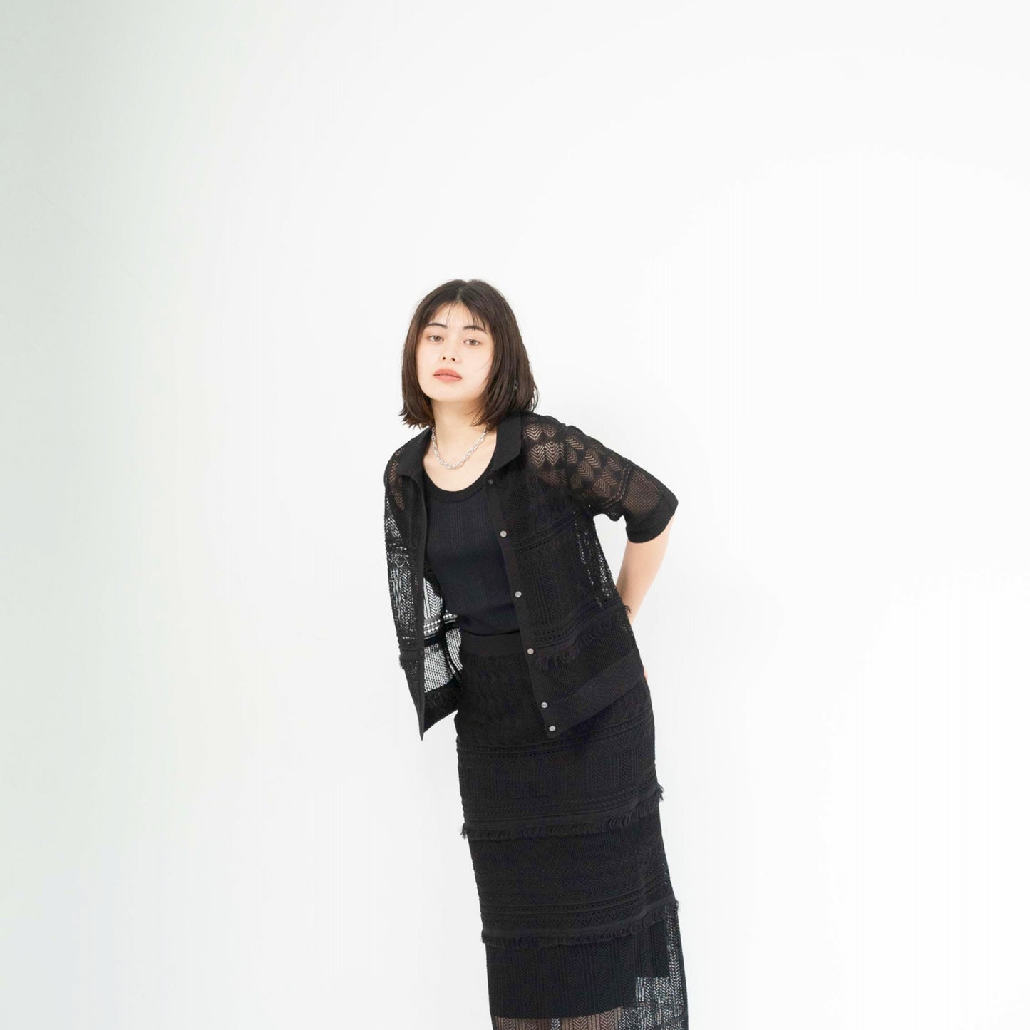 12-gauge lace knit cardigan with a collar