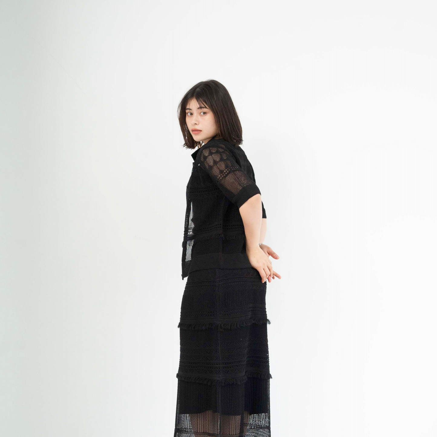 12-gauge lace knit cardigan with a collar