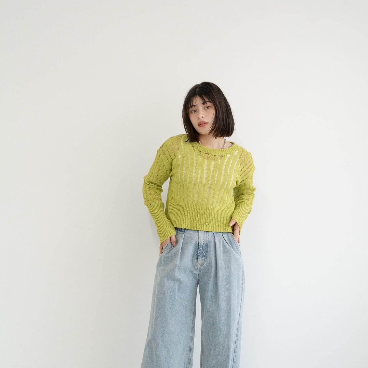 3G uneven mesh cropped knitted pullover
