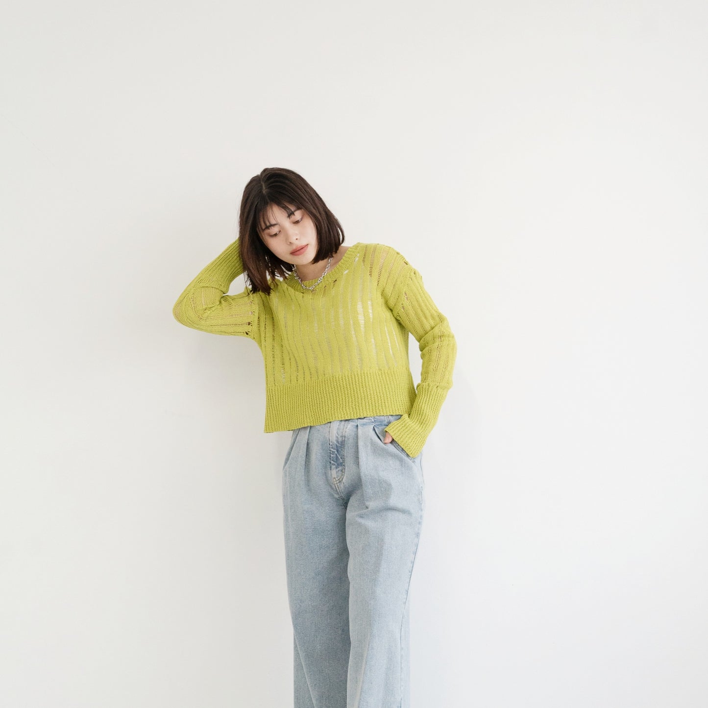 3G uneven mesh cropped knitted pullover
