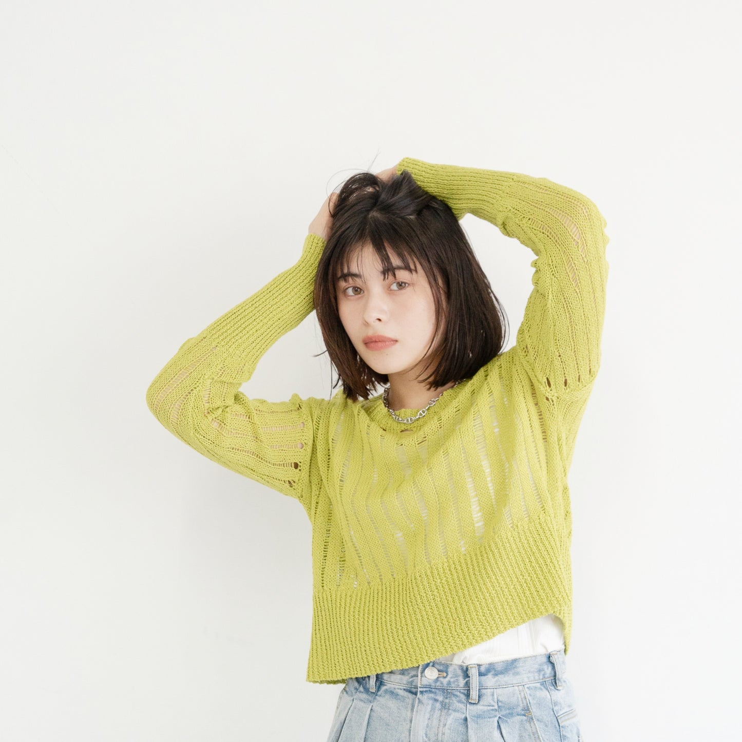 3G uneven mesh cropped knitted pullover