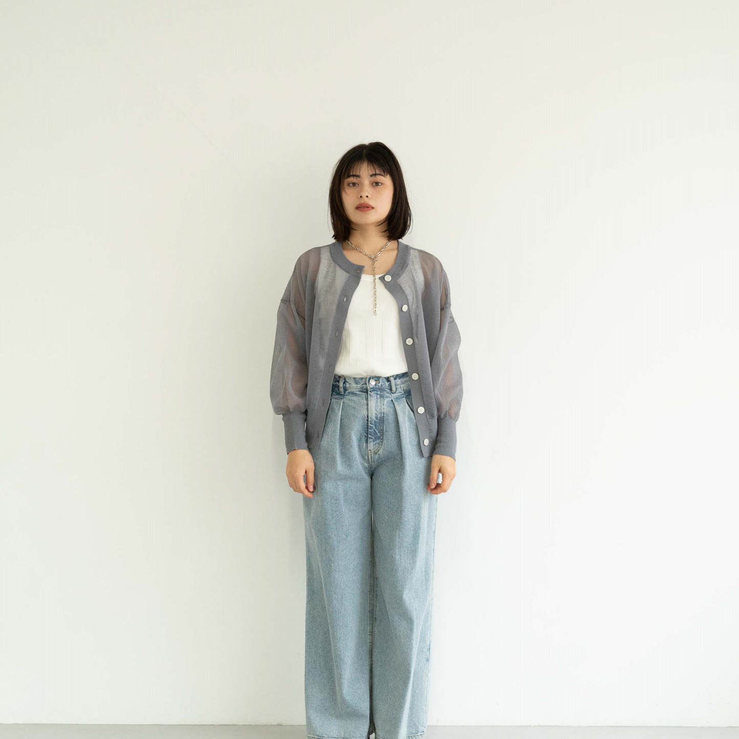 Crew neck semi-sheer knitted cardigan