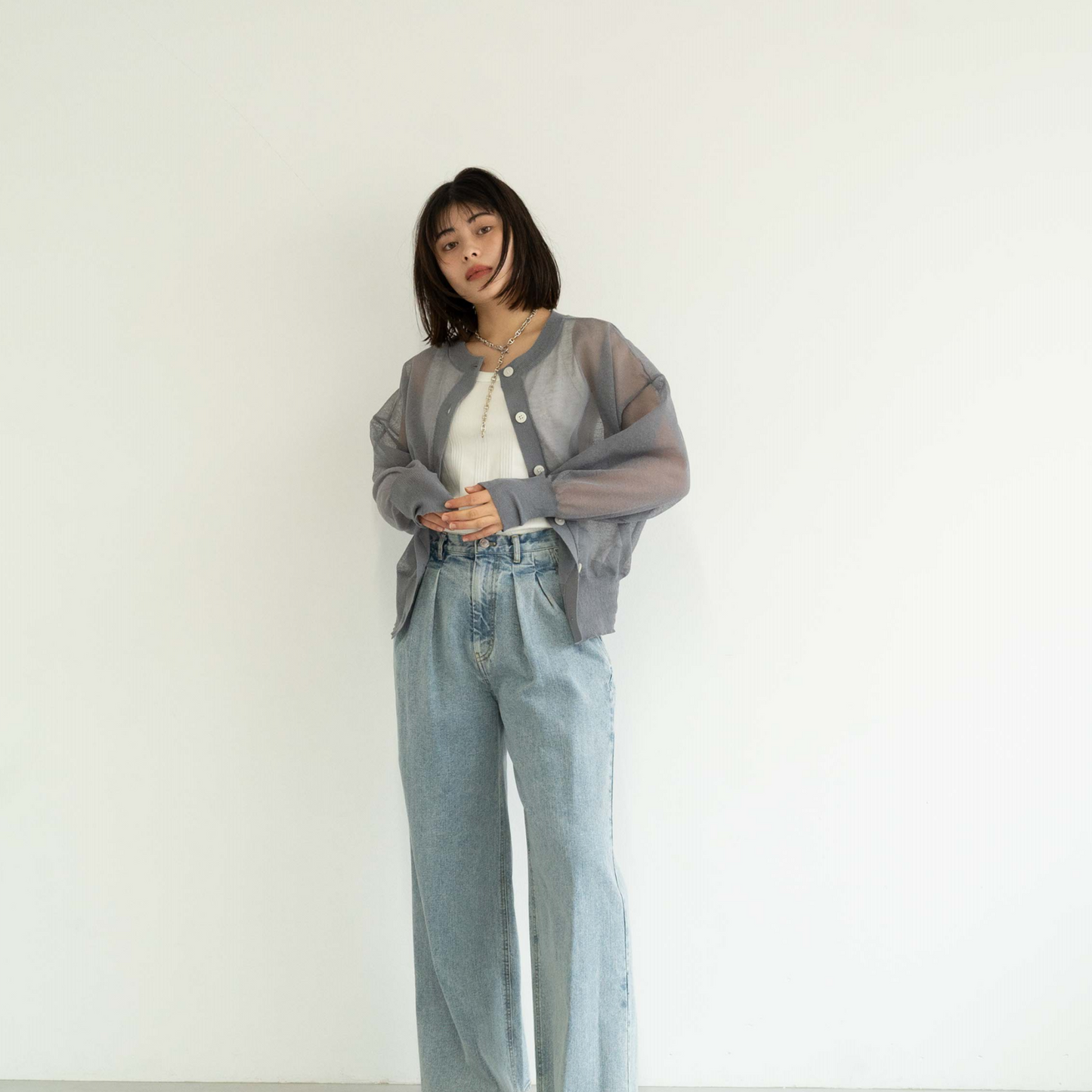 Crew neck semi-sheer knitted cardigan