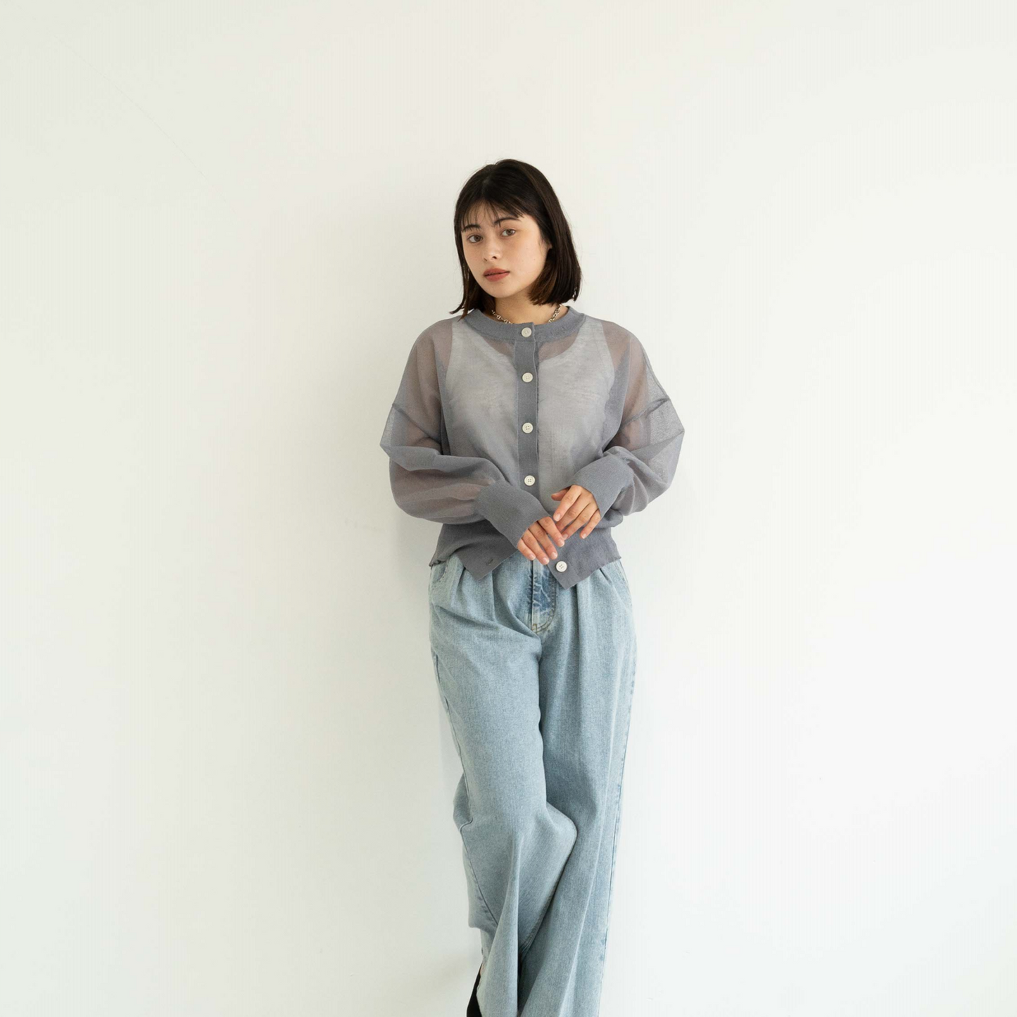 Crew neck semi-sheer knitted cardigan