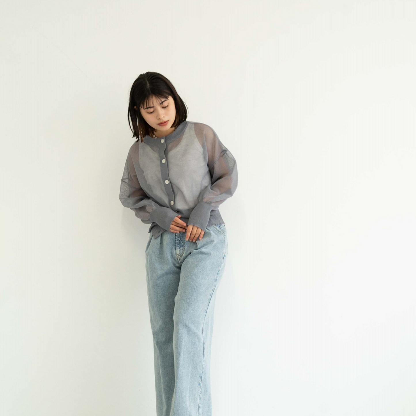 Crew neck semi-sheer knitted cardigan