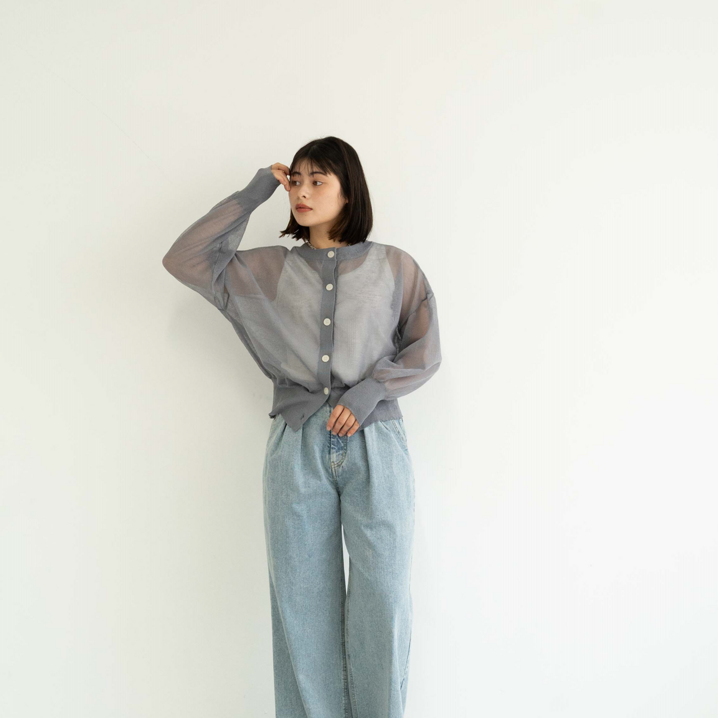 Crew neck semi-sheer knitted cardigan