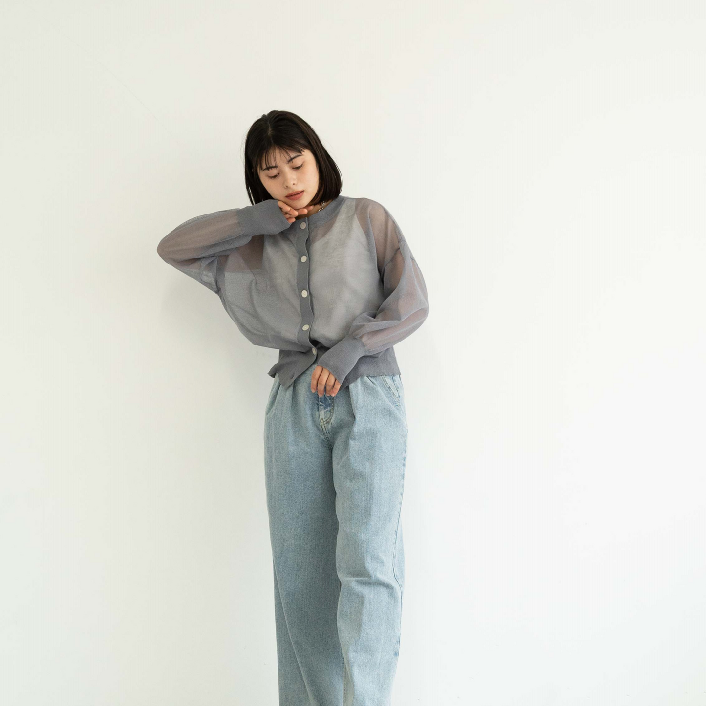 Crew neck semi-sheer knitted cardigan