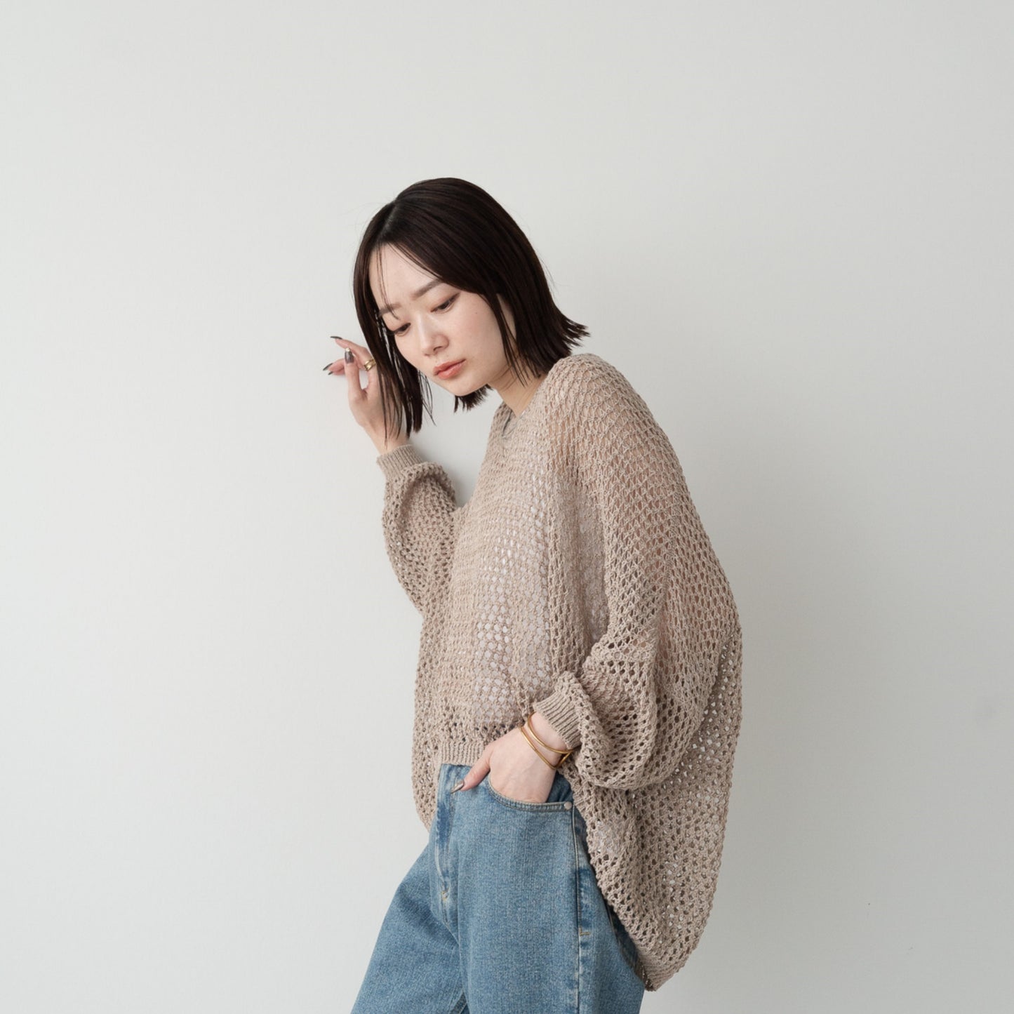 TUMUGI yarn and combed cotton mesh knitted wide pullover