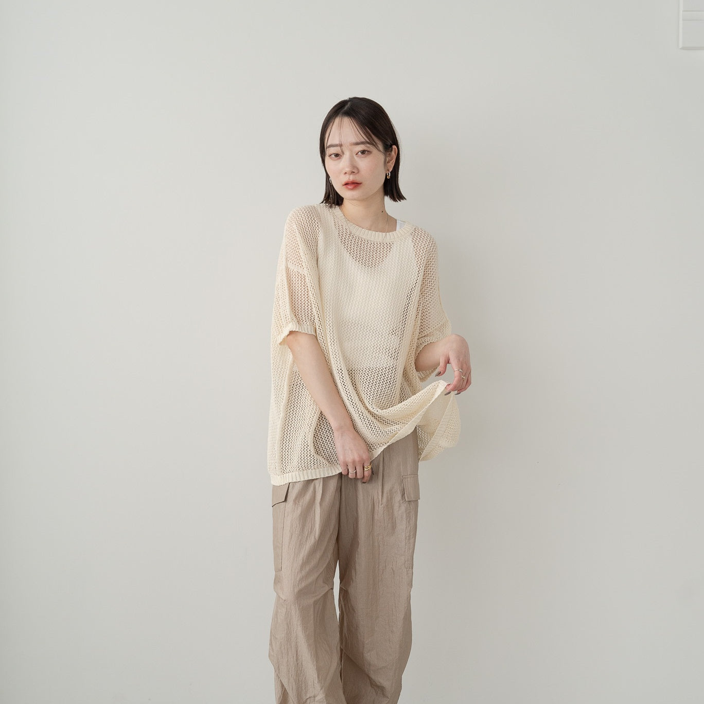 SHION yarn and combed cotton mesh knitted top