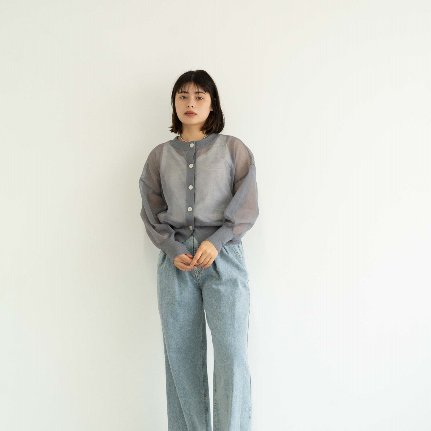 Crew neck semi-sheer knitted cardigan
